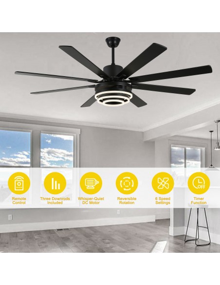 Oaks Aura 72” 8-Blade DIY Shape Reversible Ceiling Fan with LED lights and Remote Control, 6-Speed, Timer Setting Quiet DC Motor