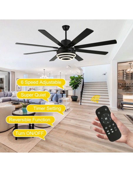 Oaks Aura 72” 8-Blade DIY Shape Reversible Ceiling Fan with LED lights and Remote Control, 6-Speed, Timer Setting Quiet DC Motor