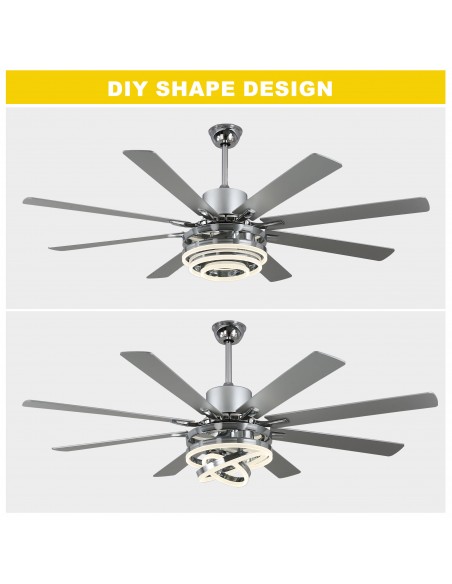 Oaks Aura 72” 8-Blade DIY Shape Reversible Ceiling Fan with LED lights and Remote Control, 6-Speed, Timer Setting Quiet DC Motor