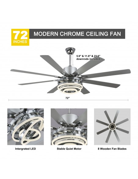 Oaks Aura 72” 8-Blade DIY Shape Reversible Ceiling Fan with LED lights and Remote Control, 6-Speed, Timer Setting Quiet DC Motor