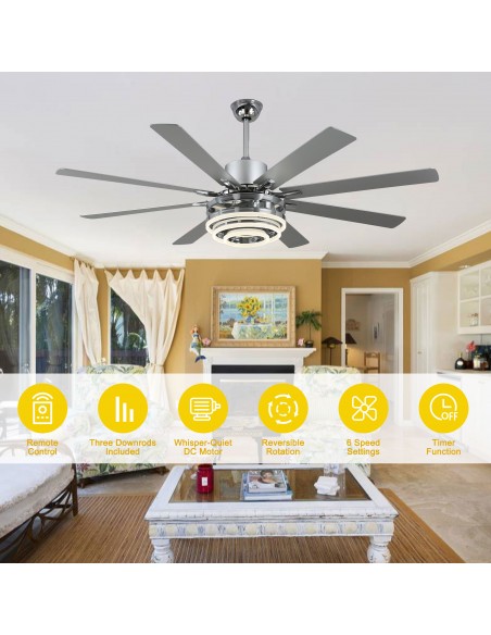 Oaks Aura 72” 8-Blade DIY Shape Reversible Ceiling Fan with LED lights and Remote Control, 6-Speed, Timer Setting Quiet DC Motor