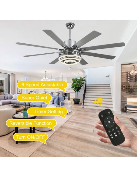 Oaks Aura 72” 8-Blade DIY Shape Reversible Ceiling Fan with LED lights and Remote Control, 6-Speed, Timer Setting Quiet DC Motor