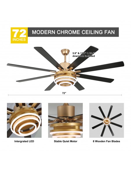Oaks Aura 72” 8-Blade DIY Shape Reversible Ceiling Fan with LED lights and Remote Control, 6-Speed, Timer Setting Quiet DC Motor