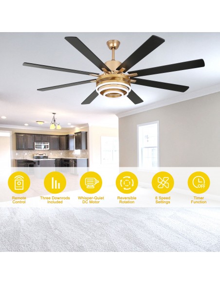 Oaks Aura 72” 8-Blade DIY Shape Reversible Ceiling Fan with LED lights and Remote Control, 6-Speed, Timer Setting Quiet DC Motor