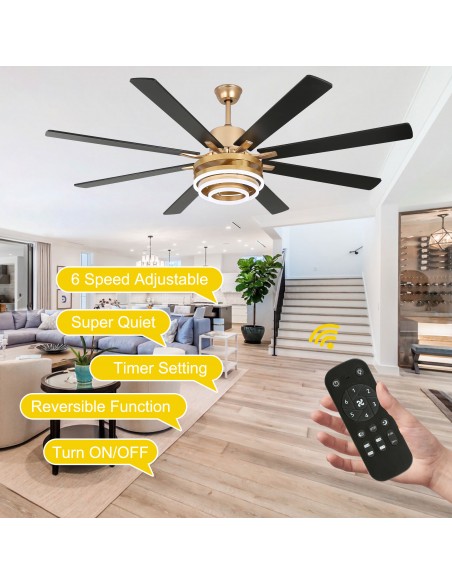 Oaks Aura 72” 8-Blade DIY Shape Reversible Ceiling Fan with LED lights and Remote Control, 6-Speed, Timer Setting Quiet DC Motor