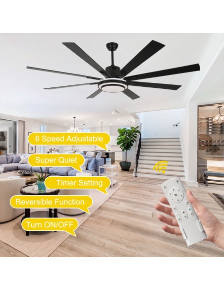 Oaks Aura 72" 6-Blade Reversible Ceiling Fan with LED lights and Remote Control, 6-Speed, Timer Setting Quiet DC Motor