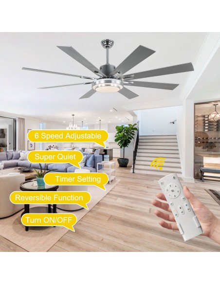 Oaks Aura 72" 6-Blade Reversible Ceiling Fan with LED lights and Remote Control, 6-Speed, Timer Setting Quiet DC Motor