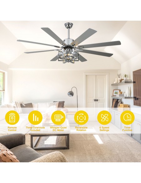 Oaks Aura 65" 8-Blade Reversible Ceiling Fan with Lights and Remote Control, 6-Speed, Timer Setting Quiet DC Motor