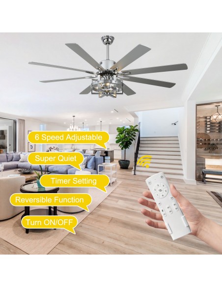 Oaks Aura 65" 8-Blade Reversible Ceiling Fan with Lights and Remote Control, 6-Speed, Timer Setting Quiet DC Motor