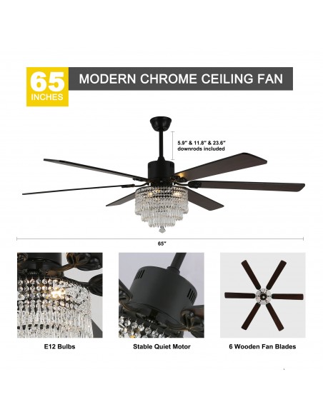 Oaks Aura 65" Smart Black Ceiling Fan with Light Kit & Remote, 6-Blade Design, 6-Speed Quiet DC Motor for Large Room