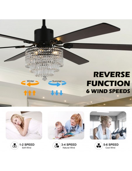 Oaks Aura 65" Smart Black Ceiling Fan with Light Kit & Remote, 6-Blade Design, 6-Speed Quiet DC Motor for Large Room