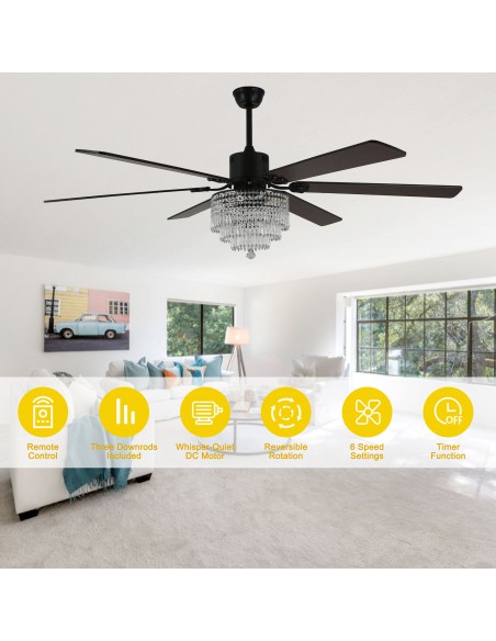 Oaks Aura 65" Smart Black Ceiling Fan with Light Kit & Remote, 6-Blade Design, 6-Speed Quiet DC Motor for Large Room