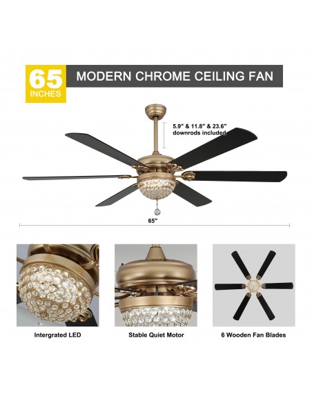 Oaks Aura 65" 6-Blade Ceiling Fan with LED Lights and Remote Control, 6-Speed Settings, 3-Color and Timer