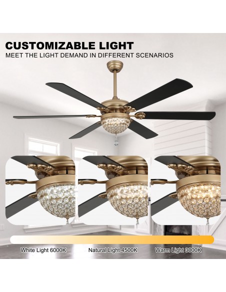 Oaks Aura 65" 6-Blade Ceiling Fan with LED Lights and Remote Control, 6-Speed Settings, 3-Color and Timer