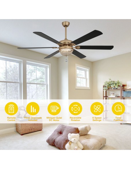 Oaks Aura 65" 6-Blade Ceiling Fan with LED Lights and Remote Control, 6-Speed Settings, 3-Color and Timer