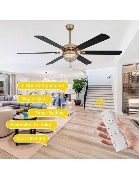 Oaks Aura 65" 6-Blade Ceiling Fan with LED Lights and Remote Control, 6-Speed Settings, 3-Color and Timer