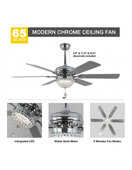 Oaks Aura 65" 6-Blade Ceiling Fan with LED Lights and Remote Control, 6-Speed Settings, 3-Color and Timer