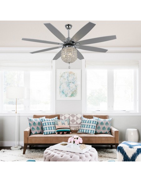 Oaks Aura 65” 8-Blade Crystal Ceiling Fan with Lights and Remote Control, 6-Speed, Timer Setting Quiet DC Motor