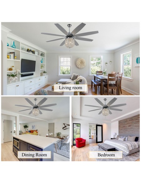 Oaks Aura 65” 8-Blade Crystal Ceiling Fan with Lights and Remote Control, 6-Speed, Timer Setting Quiet DC Motor