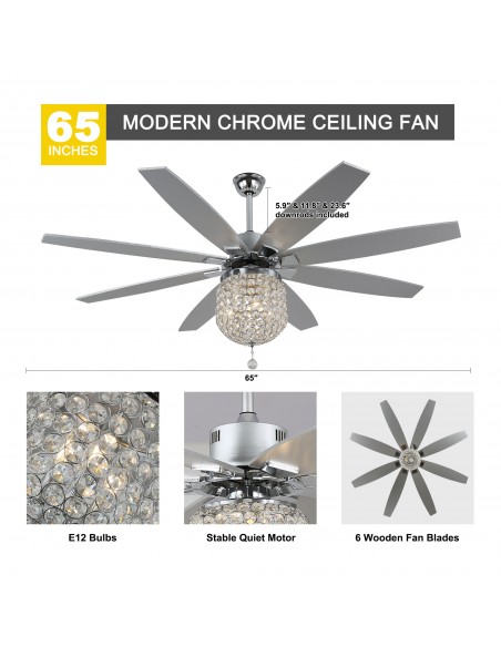 Oaks Aura 65” 8-Blade Crystal Ceiling Fan with Lights and Remote Control, 6-Speed, Timer Setting Quiet DC Motor