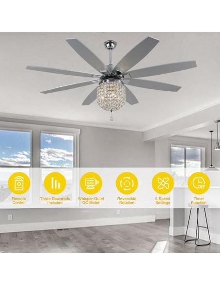 Oaks Aura 65” 8-Blade Crystal Ceiling Fan with Lights and Remote Control, 6-Speed, Timer Setting Quiet DC Motor