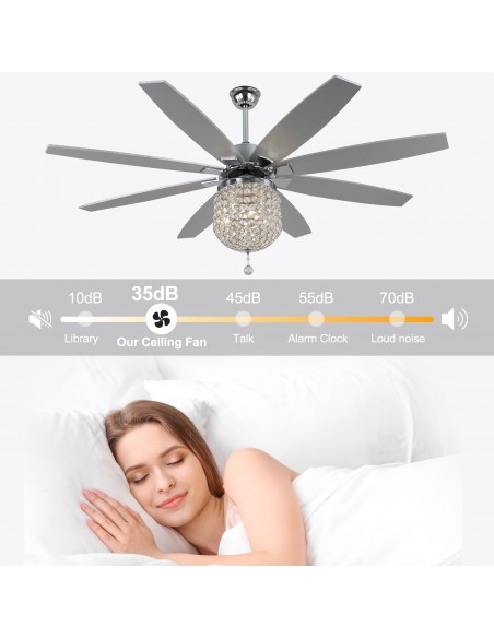 Oaks Aura 65” 8-Blade Crystal Ceiling Fan with Lights and Remote Control, 6-Speed, Timer Setting Quiet DC Motor