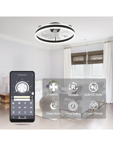 Oaks Aura 20in.Bladeless Low Profile Ceiling Fan Flush Mount Smart App Remote  Control Dimmable Lighting
