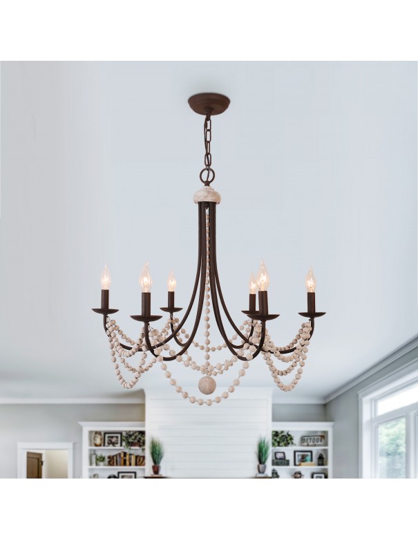 Oaks Aura Farmhouse Wood 6-Light Ceiling Light, Bohemia Wood Beaded Chandelier