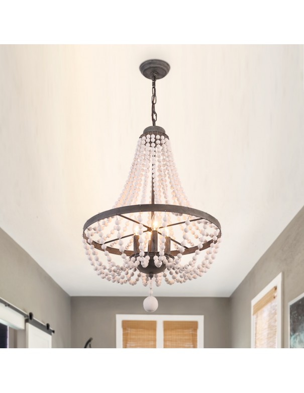 Oaks Aura Modern Bohemia 4-Light Wood Ceiling Light Farmhouse Beaded Wood Chandelier