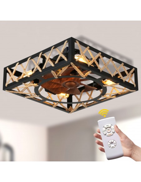 Oaks Aura 18” 8-Blade Rustic Flush Mount Ceiling Fan with Lights and Remote Control, 6-Speed, Timer