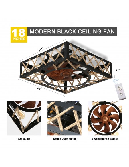 Oaks Aura 18” 8-Blade Rustic Flush Mount Ceiling Fan with Lights and Remote Control, 6-Speed, Timer