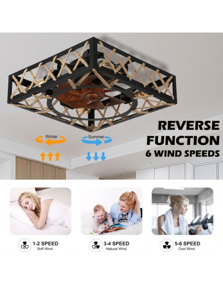 Oaks Aura 18” 8-Blade Rustic Flush Mount Ceiling Fan with Lights and Remote Control, 6-Speed, Timer