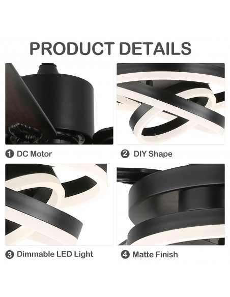 Oaks Aura 52 inch DIY Shape Reversible Ceiling Fan with LED Light Remote 6-Speed 3-Color Ceiling Fans