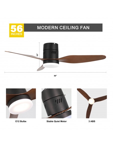 Oaks aura 46” Reversible 3-Blade Wood Ceiling Fan with LED Lights and Remote Control, 6-Speed Settings, Timer Function