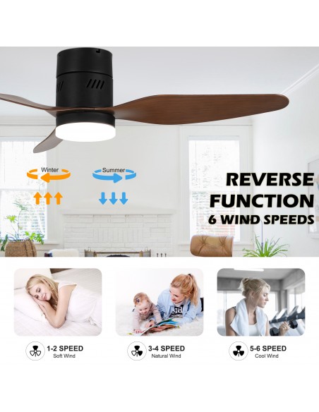 Oaks aura 46” Reversible 3-Blade Wood Ceiling Fan with LED Lights and Remote Control, 6-Speed Settings, Timer Function