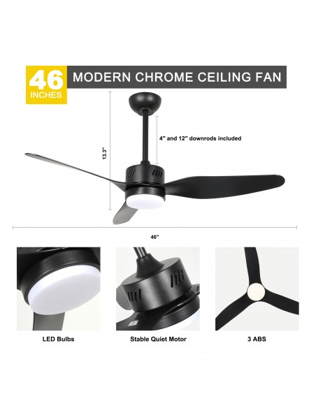 Oaks aura 46” Reversible 3-Blade Wood Ceiling Fan with LED Lights and Remote Control, 6-Speed Settings, Timer Function