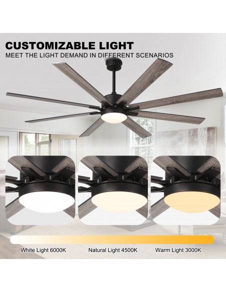 Oaks Aura 72” Large Smart Ceiling Fan with LED Light Kit and Remote Control, 6-Speed, Timer, 3-Color, DC Motor