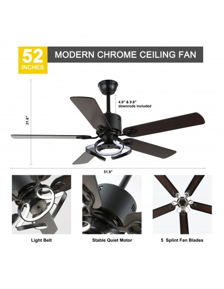 Oaks Aura 52” Reversible 5-Blade Ceiling Fan with LED Lights and Remote Control,  6-Speed, Timer, 3-Color, DC Motor