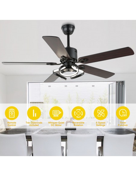 Oaks Aura 52” Reversible 5-Blade Ceiling Fan with LED Lights and Remote Control,  6-Speed, Timer, 3-Color, DC Motor