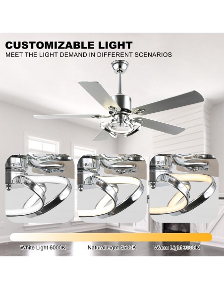 Oaks Aura 52” Reversible 5-Blade Ceiling Fan with LED Lights and Remote Control,  6-Speed, Timer, 3-Color, DC Motor