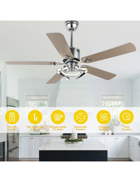 Oaks Aura 52” Reversible 5-Blade Ceiling Fan with LED Lights and Remote Control,  6-Speed, Timer, 3-Color, DC Motor