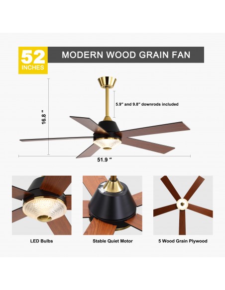Oaks Aura 52-Inch 5-Blade Reversible Ceiling Fan with Light and Remote Control, 6-Speed Settings, Quiet DC Motor