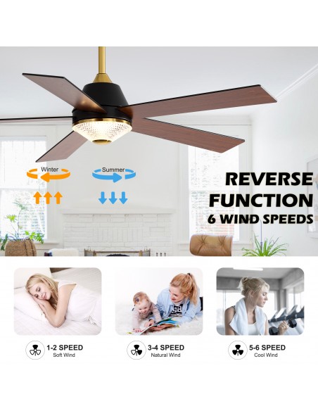 Oaks Aura 52-Inch 5-Blade Reversible Ceiling Fan with Light and Remote Control, 6-Speed Settings, Quiet DC Motor