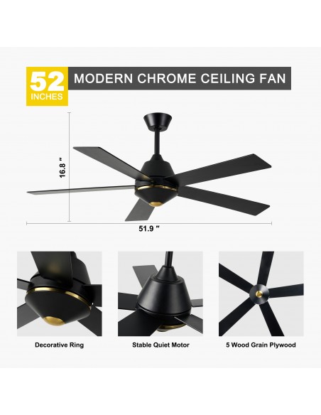 Oaks Aura 52-Inch 5-Blade Reversible Ceiling Fan with Remote Control, 6-Speed Settings, Quiet DC Motor