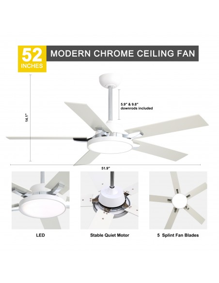 Oaks Aura 52" 5-Blade Reversible Ceiling Fan with Light and Remote, 6-Speed Settings, DC Motor