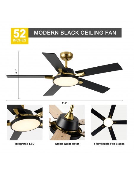 Oaks Aura 52" 5-Blade Reversible Ceiling Fan with Light and Remote, 6-Speed Settings, DC Motor