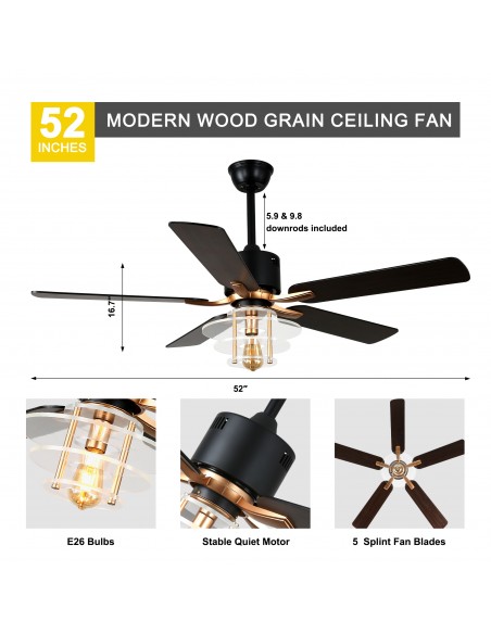 Oaks Aura 52" 5-Blade Ceiling Fan with Lights and Remote Control, 6-Speed DC Motor, Timer and Reversible Function