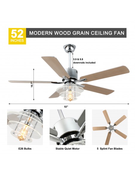 Oaks Aura 52" 5-Blade Ceiling Fan with Lights and Remote Control, 6-Speed DC Motor, Timer and Reversible Function