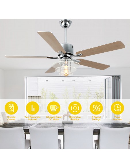 Oaks Aura 52" 5-Blade Ceiling Fan with Lights and Remote Control, 6-Speed DC Motor, Timer and Reversible Function