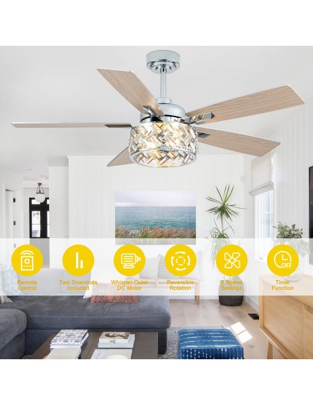 Oaks Aura 52” Crystal Ceiling Fan with Lights and Remote Control, 6-Speed DC Motor, Timer and Reversible Function